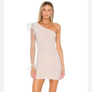 Majorelle Smith Mini Dress in Black Dot One Shoulder Sheer White Cream Ruffle
